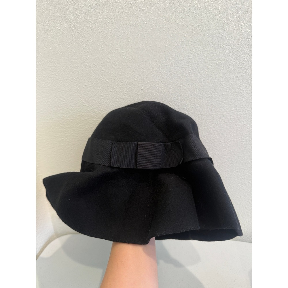 Brixton Black Wool Felt Cloche Hat Grosgrain Ribbon Bow Medium 7 1/4 58cm